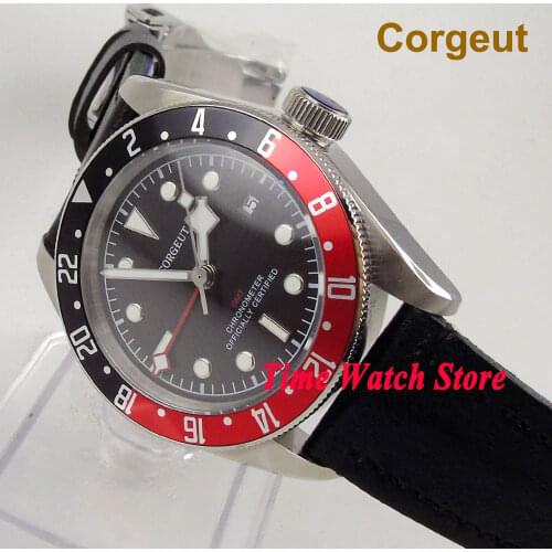 Quality 41mm Corgeut GMT wrist watch men waterproof dive pilot leather bracelet steel black dial luminous sapphire japan date