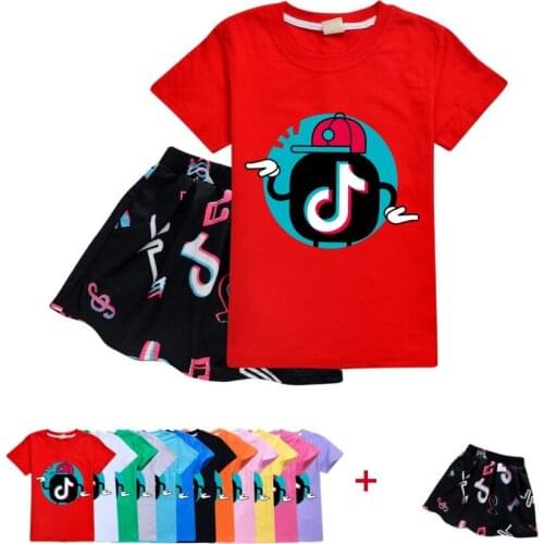 TIK TOK Fashion Kids Girl Clothes Set Summer Short Sleeve T-shirt Tops + Skirt 2PCS Outfit Children Suit