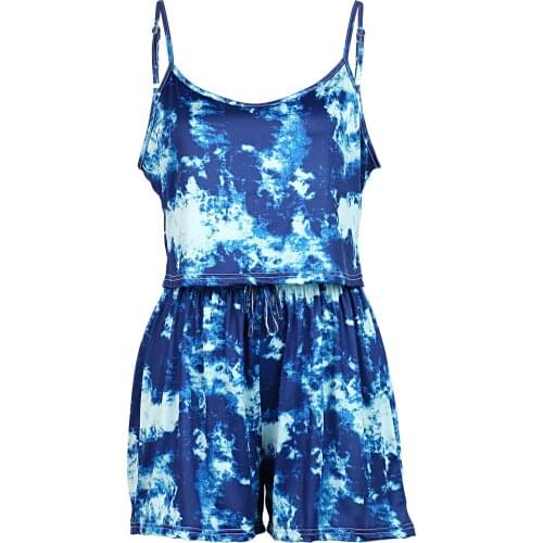 Sexy Womens Camisole Shorts Two Piece Summer Set Fashion Tie-dye Exposed Navel Tops and High Waist Shorts Blue