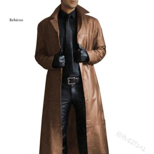 Fashion Vintage Autumn Winter Men Medieval Steampunk Long Leather Jackets Outerwear Faux Leather Trench Coat Cardigans