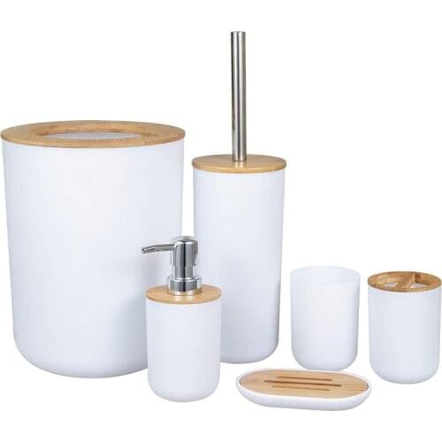 Bathroom Accessories Set Bamboo Plastic Bathroom Kit Toothbrush Cup, Soap Dispenser, Soap Dish, Toilet Brush Holder,Trash Can