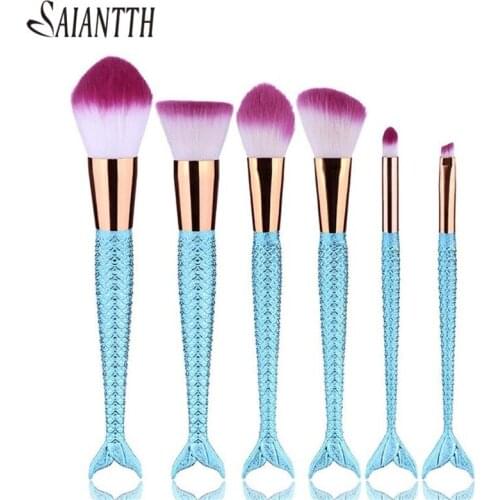 Saiantth 6pcs Mermaid Makeup Brushes Set Fish Tail Portable Make Up Tool with Fish Scale Foundation Eyeshadow Brush Beauty Kit