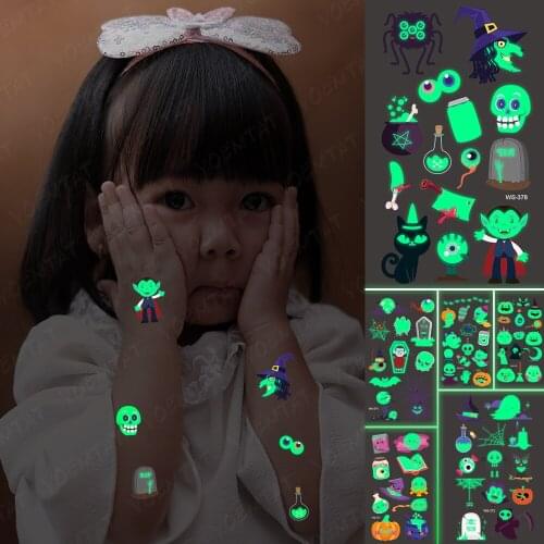 Halloween Temporary Tatoo Stickers Waterproof Horror Ghost Black Cat Boy Spider Skull Tombstone Glowing Man Woman Child Luminous