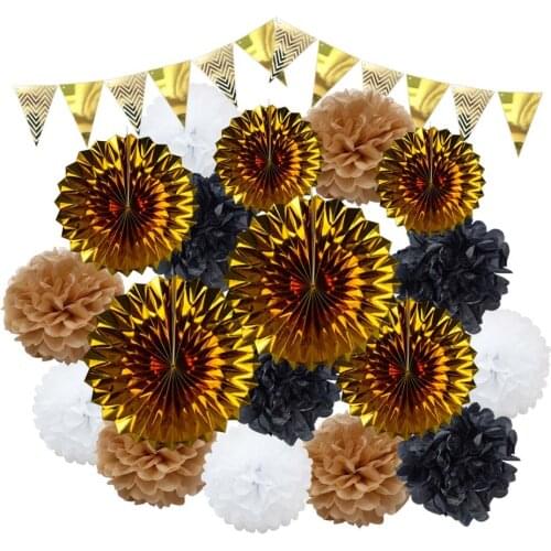 New Year Holiday Decor Gold Black White Paper Crafts Set Wedding Baptism Party Favor Hanging Tissue Pom Pom Kids Graduation Gift