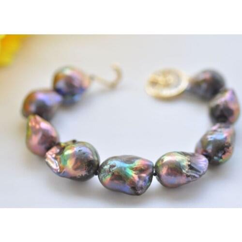 P7189 8" 18mm Peacock-Black Baroque Keshi Reborn Pearl Bracelet CZ