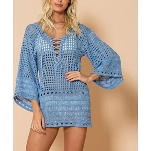 Beach Cover Ups Crochet Bikini Cover-up Women Lace Up Blouse Summer Short Beach Dress Sexy Hollow Ladies Top Tunics Swimsuit