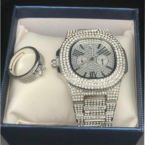 Luxury Men Silver Color Watch & Ring Combo Set Adjustable Ring Rapper Hip Hop Ice Out Cuban Watch & Ring Jewerly Hip Hop For Men