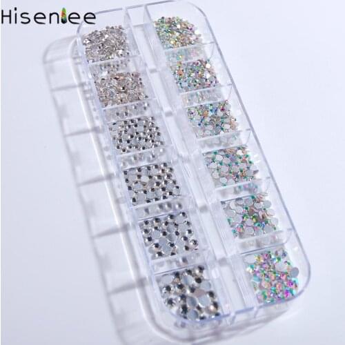 New 12 Grid/Box White/AB Color Nail Art Rhinestone 3D Flatback Glittering Charm Multi-Size Diamonds Gemstone Decorate Accessory