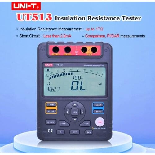UNI-T UT513 Megger Insulation Resistance Tester 5000V 1M-1KGOhm Megohmmeter Data Storage/Analog Bar Graph/DAR/USB Data Transfer