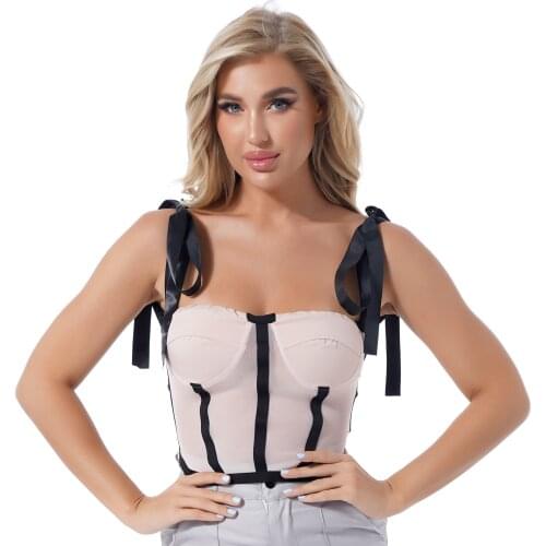 Fashion Summer Tops Vest Women Clothing Backless Skinny Exotic Self-Tie Off-Shoulder Mesh Charming Patchwork Style Crop Bra Top