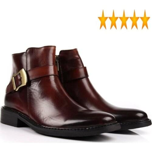 Pointed British Mens Winter Buckle Toe Genuine Leather Dress High Top Motorcycle Biker Ankle Boots Office Man Work Shoes