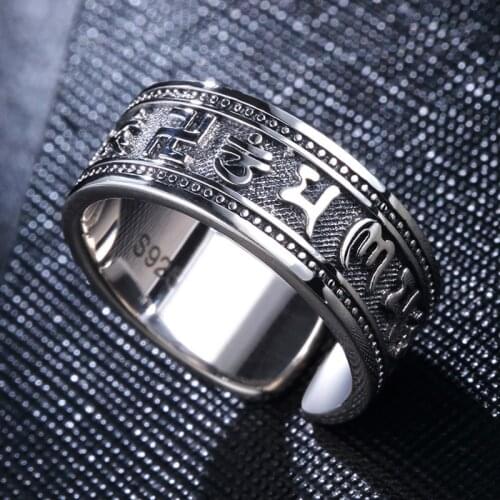 Vintage Silver Plated Buddhism Ring Heart Sutra Letter Ring for Men Women Religious Jewelry Personality Cool Finger Ring Gifts