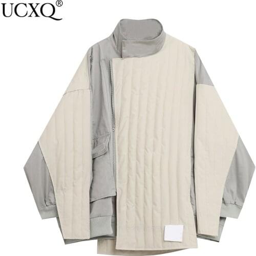 UCXQ Woman Cotton Jacket Hit Color Patchwork Long Sleeve Stand Collar Zipper Pockets Casual Style 2021 Autumn Fashion 23XF735