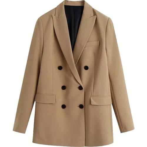 Female Outerwear Chic Tops Women Fashion Office Wear Double Breasted Blazers Coat Vintage Long Sleeve Pockets