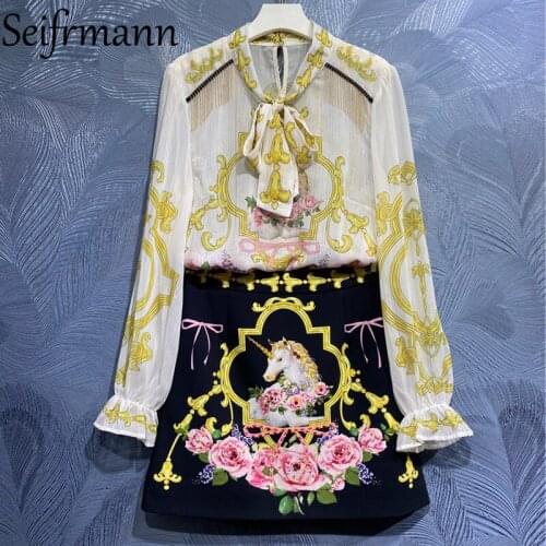 Seifrmann New 2021 Summer Women Fashion Runway Skirts Set Flare Sleeve Loose Blouses + High Waist Crystal Print Mini Skirt Suits