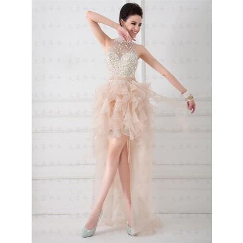 Cheap free shipping robe de soiree fashion sexy backless vestido de festa ruffles crystal party gown prom bridesmaid Dresses