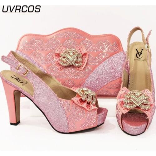 2021 New Arrival Italian Design Fashion Crystal and Metal Decoration Style Pink Color Party Ladies Shoes and Bag Set Elegant