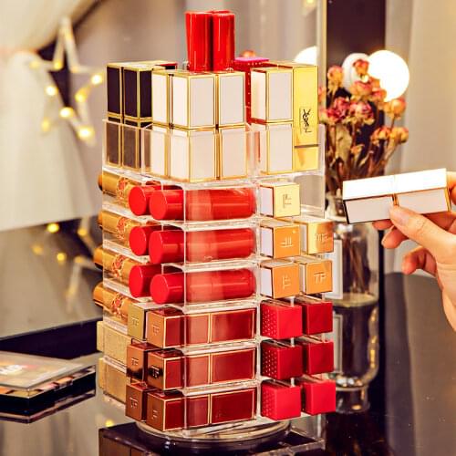53Lattices Rotating Lipstick Tower 360 Degree Acrylic Rotated Rack Nail Polish Organizer Lipstick Storage Case Cosmetics Display