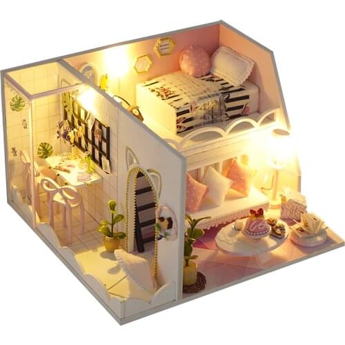 DIY Wooden Miniature Girls' Loft Dollhouse Accessories Box Kit Assembled Furniture Pink Casa Doll House Toys for Children Gift
