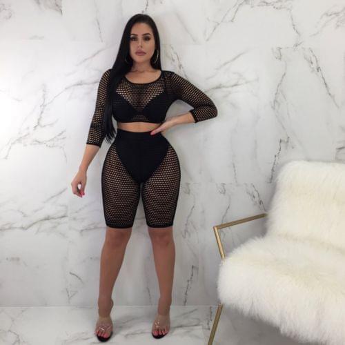 Women Sexy Mesh 2 Piece Summer Outfits See Through Crop Tops Bodycon Shorts Bikini Cover Up Lingerie Sets