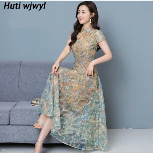 Chinese Style Elegant Midi Dress 3XL Plus Size Vintage Maxi Dress 2021 Spring Summer Solid Lace Sexy Women Bodycon Party Vestido