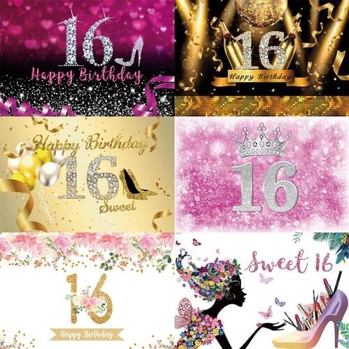 Sweet 16th Photo Backdrop Girls Happy Birthday Party Custom Sixteen Flower Champagne Decoration Photography Backgrounds Banner