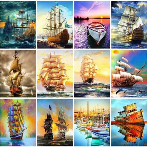HUACAN 5D DIY Diamond Painting Sailboat Landscape Full Square Diamond Embroidery Mosaic Sea Home Decor