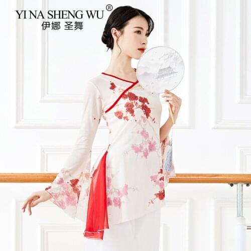 Chinese Red Plum Blossom Classical Dance Shirt Long Sleeve Mesh Body Rhyme Top Modern Dance Practice Flowy Wear Adults Practice