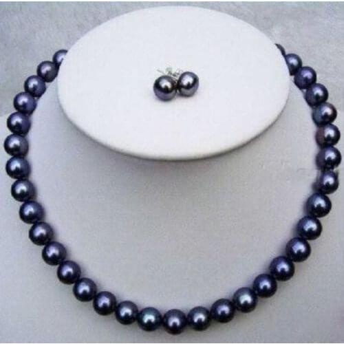 BEAUTIFUL AAA 8-9mm south sea black pearl necklace 18 inches earrings