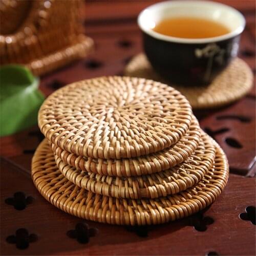 Round Natural Rattan Coasters Insulation Placement for Mugs Cup Handmade Bowl Mat Table Decoration Desk Accessories Organizer