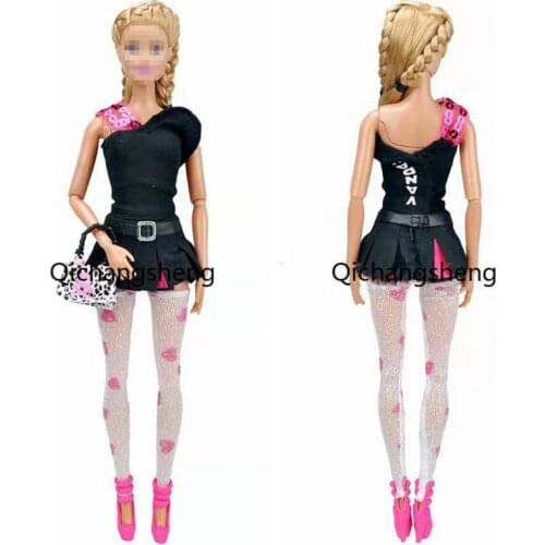 Fashion Black 1/6 BJD Clothes For Barbie Doll Clothes Outfits Shirt & Skirt & Bag & Socks & Shoes 11.5" Dolls Accessories Toys