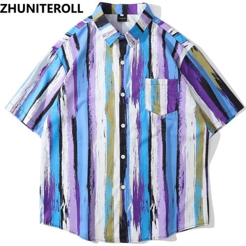 Striped Tie Dye Print Shirts Men Hip Hop Vintage Streetwear Short Sleeve Fashion Casual Hawaiian Blouse Harajuku Summer Tops