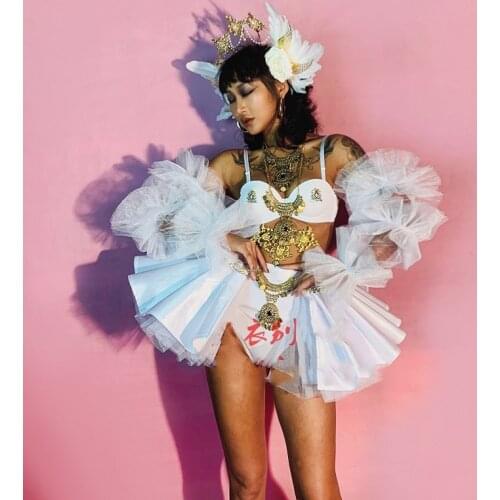 Nightclub Female Singer White Lace Skirt Gogo Dancer Pole/Jazz Hip Hop Clothes DJ Sexy Bikini Suit Festival Rave Outfits DWY5832