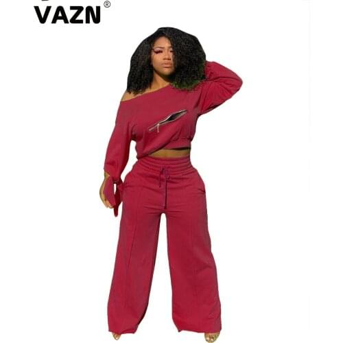VAZN 2020 New O-neck Young Loose Sport Running Casual Solid Outfits Tracksuits Sexy Full Sleeve Full Pants Set
