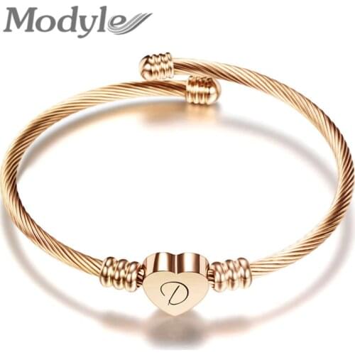 Modyle New Fashion High Quality Rose Gold Color Stainless Steel Heart Bracelet Bangle Fashion Letter Charms Bangle For Women
