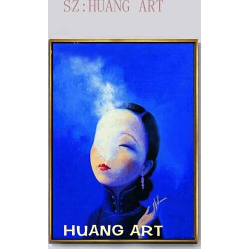 Hand-painted oil painting with blue background smoking cigarettes sensuously beautiful women decorate large murals of the hotel