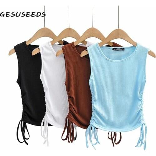 Summer tank tops women sleeveless top basic o neck casual crop top ribbed bodycon tops korean drawstring white tank top black