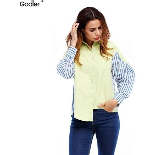 Godier Striped Long Sleeve Loose T-shirt Women Print Pinstripe Button Office Lady Turn Down Collar Female T Shirt Casual Tops