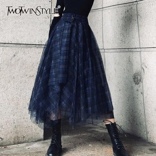 TWOTWINSTYLE Plaid Patchwork Mesh Womens Skirts High Waist Hit Color Elegant A Line Skirts Female 2020 Spring Fashion New