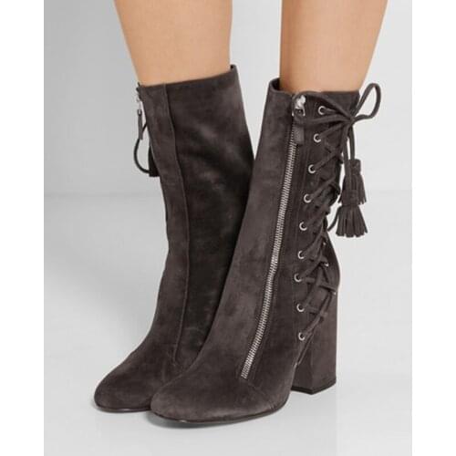 Winter Round Toe Side Zipper Cross Tied Lace Up Tassel Square Heeled Short Boots For Women