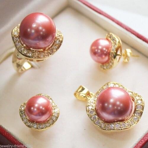 Womens Luxury Girls Wedding Inlay Crystal Pink shell Pearl necklace ring earring Jewelry Set + chain AAA style Noble