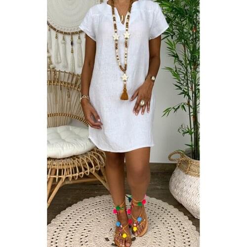 Women Solid Color Short Sleeve Mini Dress Vintage Loose Clothing V Neck Casual Dresses Summer A-Line Vestidos Fashion Beach