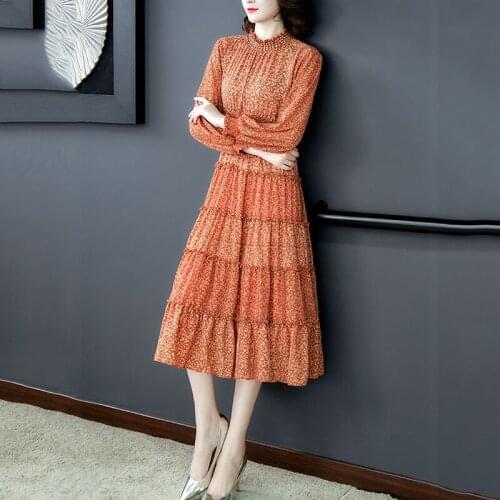 Swing chiffon dress waist was thinner spring summer 2021 new temperament ladies long-sleeved fashion floral cake dress women n16