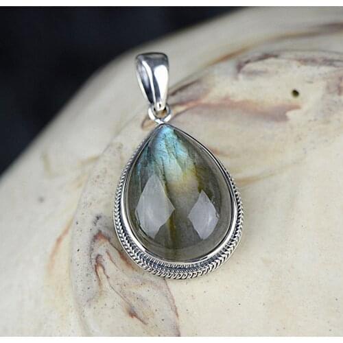 100% Real 925 Sterling Silver Natural Labradorite Pendant For Women Water Drop Shaped Moon Light Gemstone Fashion Jewelry Gifts