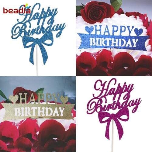 1pcs Creative Bowknot Happy Birthday Cupcake Cake Baking Dessert Toppers Paper Card Birthday Party Decoration Cake Flags