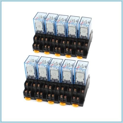 10set MY4NJ HH54PL AC 12/24/110/220V Coil 4NO 4NC Green LED Indicator Power Relay DIN Rail 14 Pin Base