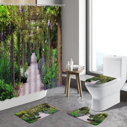 4pcs Garden Flower Shower Curtain Green Plants Patio Spring Natural Scenery Non-slip Bath Mats Bathroom Decor Carpet Toilet Rugs