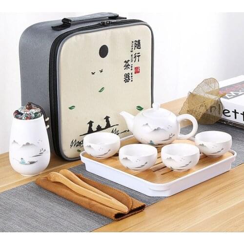 Tea Set Ceramic Material Utensils Ceremony One Pot Four Cup Dry Bubble Tray Outdoor Travel Bag Gift Kung Fu Chinese Teaware