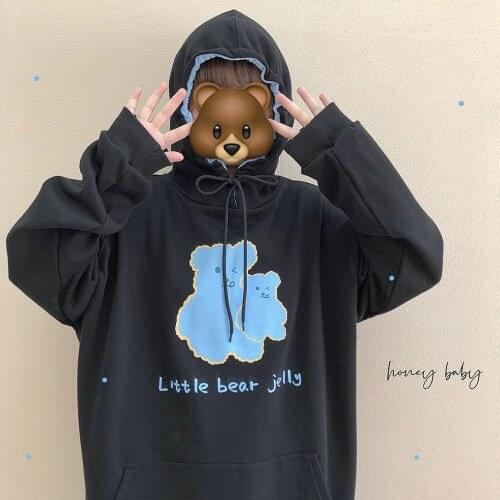 Jerry Bear Kawaii Girl Fall Winter Womens Loose Sweatshirt Long Shirt Cute Long Sleeve Pullovers Hoodies Sweet Black Beige