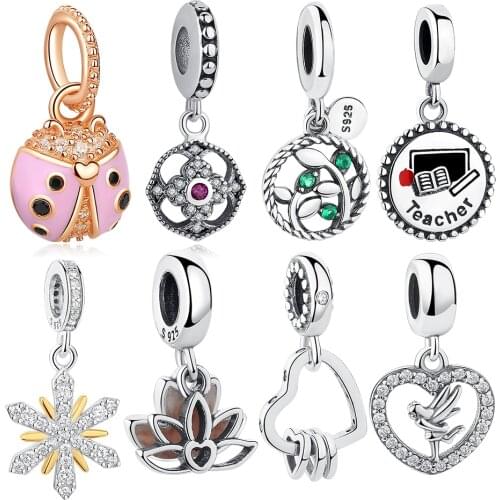 ELESHE 100% 925 Sterling Silver Bead Charm Rose Gold Pink Ladybird Charm Fit Original Bracelet Beads for jewelry making
